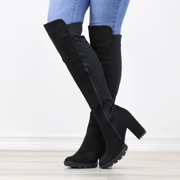 Black Thigh High Over The Knee Lug Block Heel Boots Faux Suede Round Toe - Picture 10 of 14